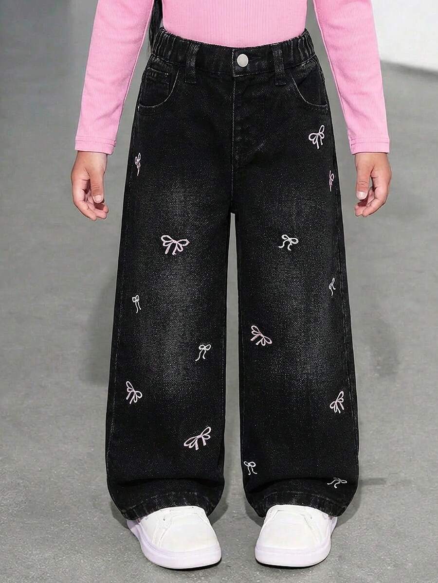 SHEIN Girls' Versatile Fashion Distressed Straight Leg Blue Jeans - Black - View 1