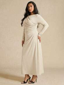 SHEIN BAE Đầm dài tay xếp ly thanh lịch dành cho nữ cỡ lớn, màu vàng, thích hợp cho mùa thu/đông. - Màu be - Xem 6