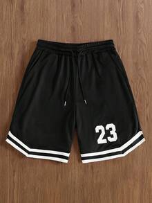 TOKVUE 男士数字印花抽绳腰部宽松休闲篮球短裤 - 黑色 - 查看 1