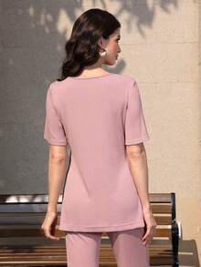 Mulvari Women's Asymmetrical Hem Ribbed Knit Pink T-Shirt - Pink - View 6