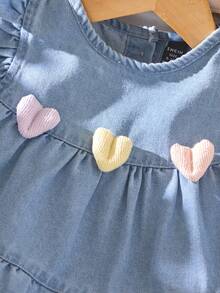 Baby Girl Floral Print Loose Denim Dress With Ruffle Hem And Flutter Sleeves, Light Blue Washed Denim, Spring/Summer New Arrival - Medium Wash - View 6