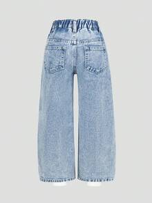 SHEIN 女童休闲牛仔裤，四季皆宜，复古浅蓝色牛仔布，不对称弹力腰设计，水钻装饰，直筒宽松版型，舒适棉质牛仔面料，适合日常、上学、度假、户外活动等各种场合，夏季百搭 - 淺色水洗藍 - 查看 3