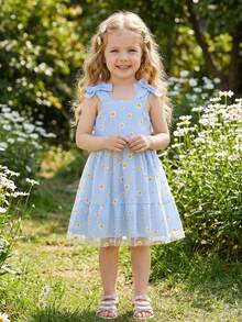 Toddler Girls' Blue Daisy Print Mesh Striped Sleeveless Bow Tie Waist Princess Dress, Summer Beach Holiday Outdoor Play - Blue - View 3