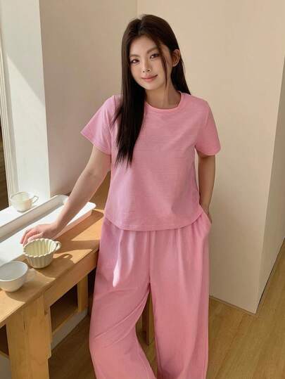 Dazy Plus 两件套针织睡衣，条纹圆领修身上衣和宽松长裤，粉色，春夏款