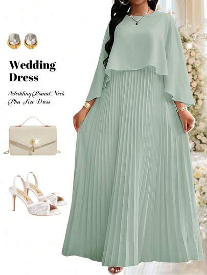 Fleurora 大码纯色圆领褶裥下摆连衣裙，时尚夏季生日装