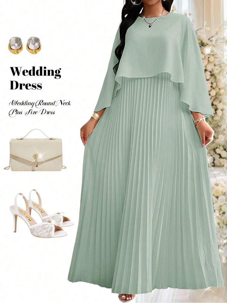 Fleurora Plus Size Light Green Round Neck Pleated Hem Dress, Fashionable For Summer, Birthday Summer Dress Spring Dress  Elegant Dresses For Women Going Out Summer Holiday Outfits  Vacation Dresses Green Dress Wedding Guest Dress For Women Sage Green Dress Wedding Pastel Green Dress Light Green Dresses For Woman Pleated Skirt Set Dressed To Attend Wedding - Mint Green - View 1