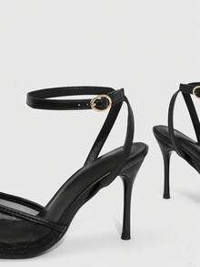 CUCCOO SZL 2025新款网面露趾高跟凉鞋，时尚绑带性感细高跟网面夏季女鞋 - 黑色 - 查看 6