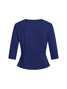 SHEIN Clasi Navy Blue Cardigan Knit Jacket, Elastic, Waist Cinched, Slimming Effect Elegant Navy & White Plaid Knee-Length Dress, Suitable For Everyday, Commuting, Spring/Summer Work Suits, Office Attire, Spring Women's Two-Piece Sets - Blue and White - View 13