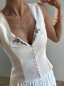 DAZY Women's Floral Embroidery Fitted Waist Open Front Elegant Summer Vacation Camisole - Apricot - View 8