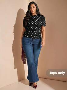 SHEIN BAE 大码女式复古休闲度假风波点印花蝙蝠袖修身T恤 - 黑色 - 查看 6