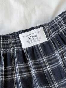 SHEIN 少女蓝白格子印花松紧腰贴布休闲短裤 - 藍白色 - 查看 3