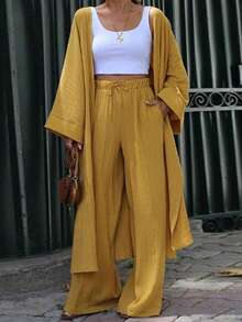 Balvessa 女士休闲日常通勤度假风简约纯色喇叭袖宽松长袍外套和阔腿裤两件套，春秋季 - 黃色 - 查看 3