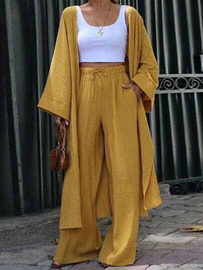 Balvessa Women's Casual Everyday Commute Vacation Style Simple Solid Color Flare Sleeve Loose Robe Jacket And Wide Leg Pants 2-Piece Set, Spring/Autumn