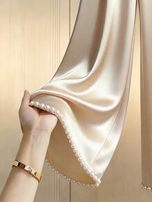 Franclia 高腰阔腿裤，珍珠饰边，香槟金缎面面料，优雅显瘦，适合派对、通勤及各种场合。 - 香檳色 - 查看 4