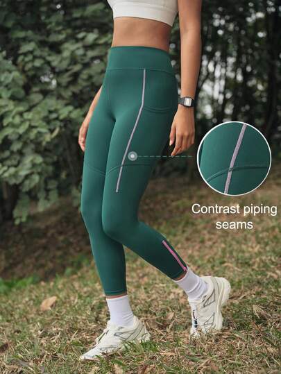 Exploreva Women's Outdoor Sports High Elasticity Contrast Color Zipper Pocket Leggings, Olive Green