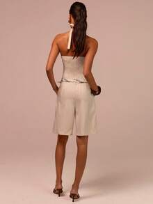 COSMINA 露背系带上衣和短裤套装，条纹两件套，优雅OL套装，杏色，适合办公室、街头风格，时尚搭配套装，夏季女装 - 杏色 - 查看 5