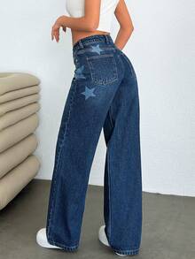SHEIN Women Star Detail Wide Leg Denim Jeans - Navy Blue - View 2