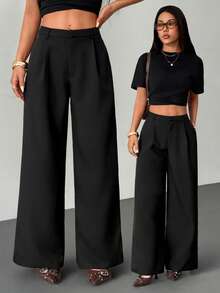 SHEIN PETITE 女士商务休闲裤 女士西式服装 女士阔腿裤 女士办公室服装 宽松裤 专业女士服装 办公室着装 灰色 - 黑色 - 查看 10