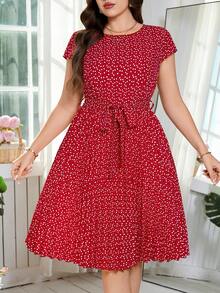 SHEIN Clasi Plus Size Elegant Burgundy Summer Dress For Women,Vintage Heart Print Pleated Everyday Casual Outfit,Luxury Wedding Guest Party Prom Formal Dresses - Red - View 4
