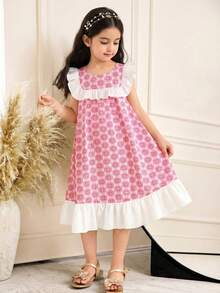 SHEIN Young Girl Woven Contrast Color Round Neck Ruffle Hem Casual Dress - Pink - View 4