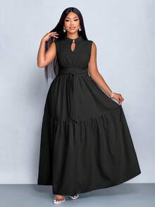 SOLERSUN 加大码蓝色立领前开襟无袖束腰系带连衣裙女式优雅休闲时尚通勤外出连衣裙夏季新款女装 - 黑色 - 查看 4