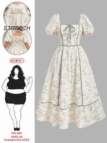 SHEIN CURVE+ 加大码/情人节/大码女式花卉撞色滚边春夏浪漫度假中长连衣裙，度假连衣裙，结婚纪念日 - 彩色 - 查看 1