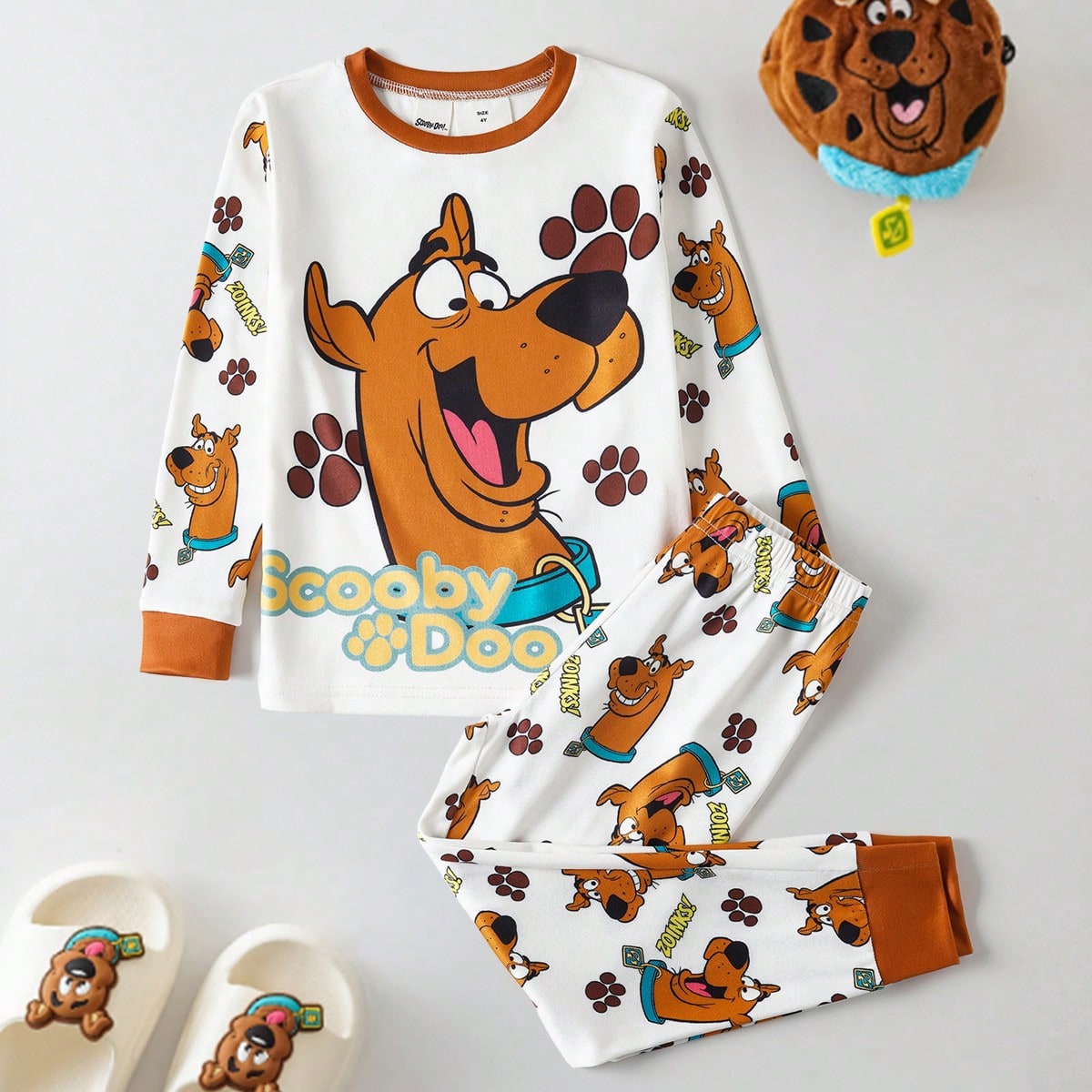 Set de 2 piezas de pijama informal de punto elástico y ajustado con estampado de perro de dibujos animados para niño, que incluye top de cuello redo
