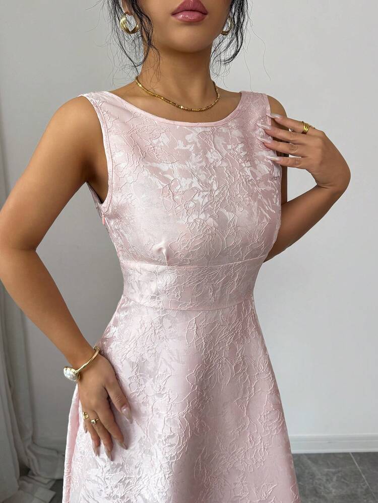 SHEIN Elenzya 女士提花面料露背设计收腰A字优雅日常/度假/通勤时尚情人节约会法式街头复古百搭早春/春夏无袖浅粉色新款中长连衣裙 - 粉色 - 查看 7