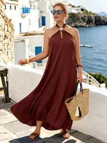 Linhara Women's Elegant And Generous Linen Halter Neck Everyday Commute Dress - Brown - View 1