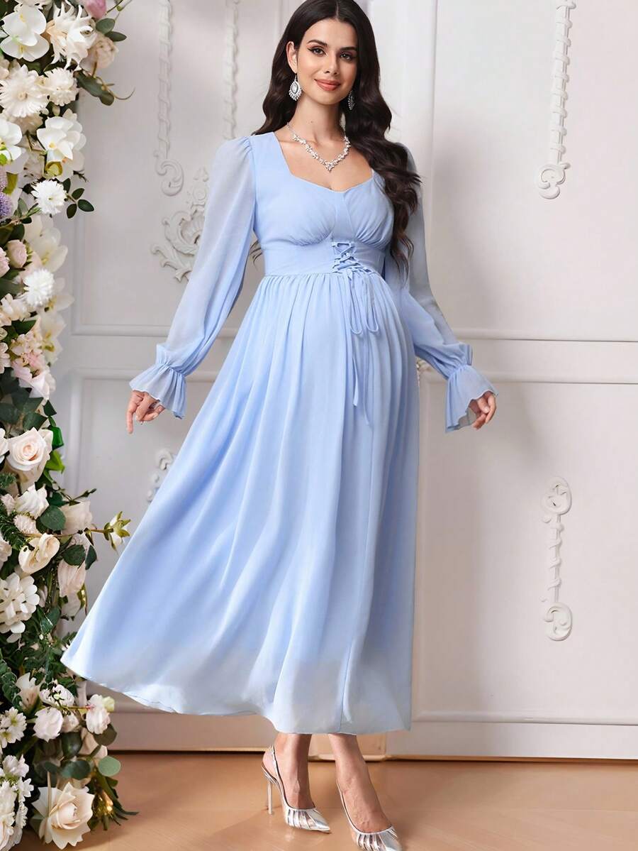 SHEIN 孕妇纯色腰带荷叶边袖口优雅派对长袖连衣裙 - 淺藍色 - 查看 1