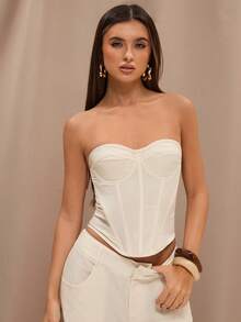 SHEIN X YERIMUA SHEIN BAE Áo lót bralette tối giản, chất liệu pha lanh, kiểu dáng vintage, thích hợp cho kỳ nghỉ thư giãn, nghỉ mát ở biển, du lịch miền Nam nước Pháp, Ý, Ibiza, áo lanh, áo mặc đi làm, áo lót bralette mặc thường ngày. - Màu be - Xem 5