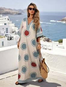 Breezaya Women's Elegant Retro Print V-Neck Loose Drop Shoulder Mid-Sleeve Dress - Multicolor - View 3