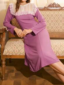 Côtesoire Women's Elegant Contrast Lace Ruffle Hem Nightgown, Autumn - Dusty Pink - View 4