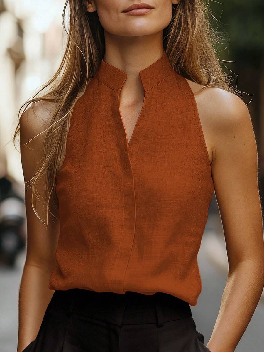 EMERY ROSE 女士无袖立领亚麻质感背心，百搭显瘦，通勤必备 - 鏽棕色 - 查看 1