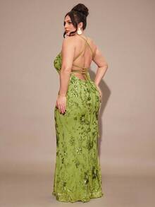 SHEIN BAE Đầm maxi cỡ lớn màu xanh lá cây trơn thêu hoa 3D đính sequin, xuyên thấu, hở lưng, buộc dây, thích hợp cho mùa xuân/hè, đi nghỉ mát, hẹn hò ngày Valentine, đầm ngắn cho phù dâu, đầm sequin sinh nhật, đầm maxi hở lưng, phù hợp cho tiệc tùng, hộp đêm, các dịp trang trọng, đầm dự tiệc cưới mùa thu, đầm dự tiệc cưới dành cho nữ. - màu xanh lá - Xem 1