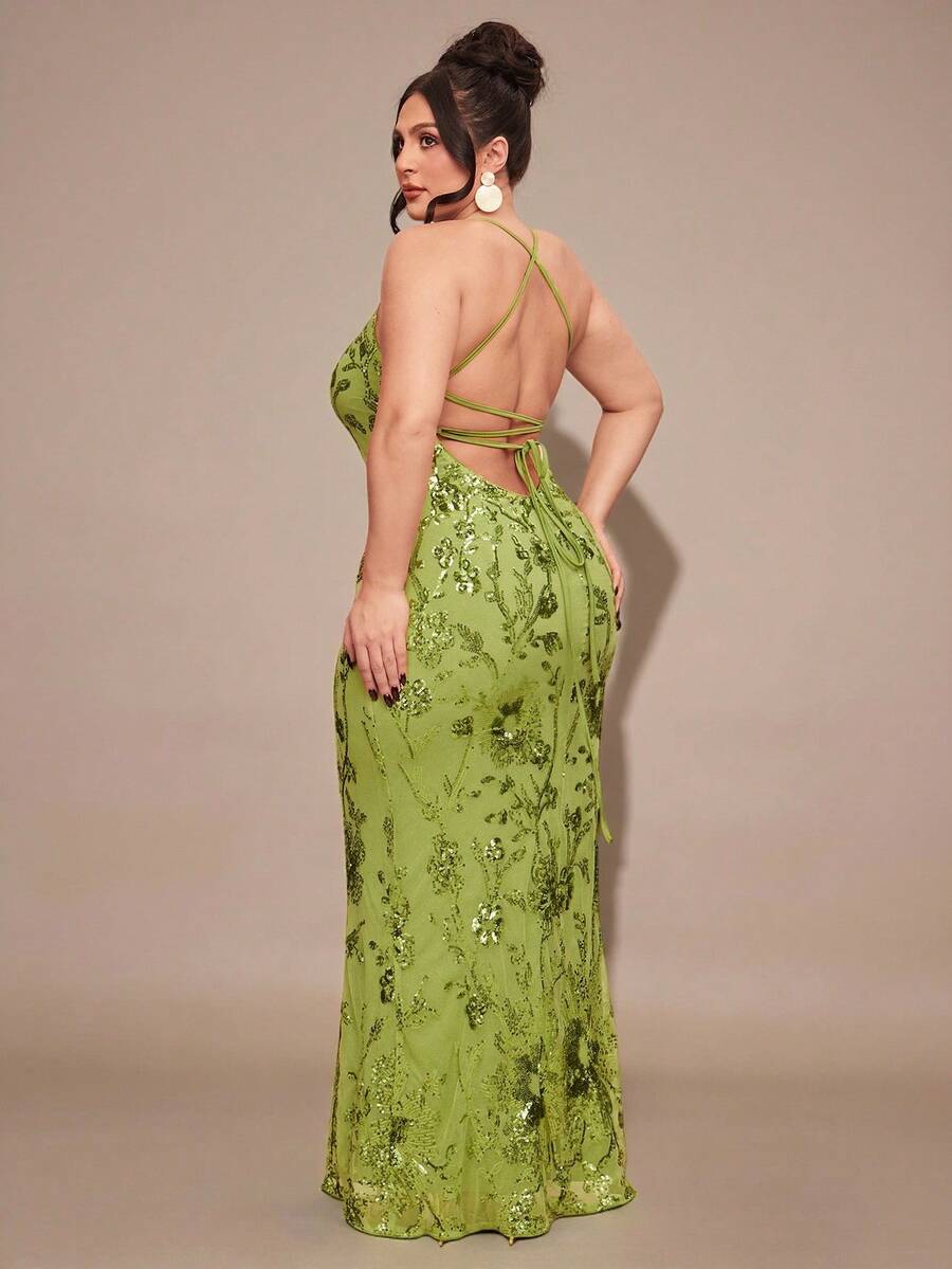 SHEIN BAE Đầm maxi cỡ lớn màu xanh lá cây trơn thêu hoa 3D đính sequin, xuyên thấu, hở lưng, buộc dây, thích hợp cho mùa xuân/hè, đi nghỉ mát, hẹn hò ngày Valentine, đầm ngắn cho phù dâu, đầm sequin sinh nhật, đầm maxi hở lưng, phù hợp cho tiệc tùng, hộp đêm, các dịp trang trọng, đầm dự tiệc cưới mùa thu, đầm dự tiệc cưới dành cho nữ. - màu xanh lá - Xem 1