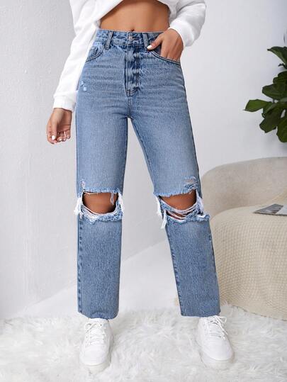SHEIN EZwear Blugi rupți casual de culoare uni pentru femei