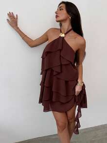 Aloruh 女士甜美多层荷叶边露背系带露脐迷你连衣裙 - 咖啡 - 查看 1