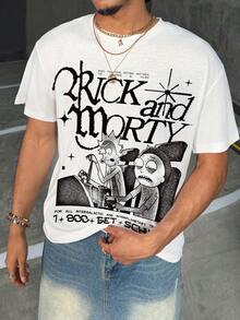 Rick and Morty X SHEIN 男士休闲字母卡通图案圆领短袖T恤，夏季款 - 白色 - 查看 6