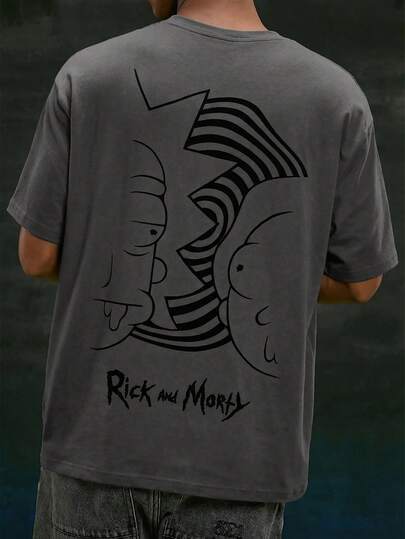 Rick and Morty X SHEIN Camiseta de manga corta con estampado de línea de figura de punto holgado casual para hombre