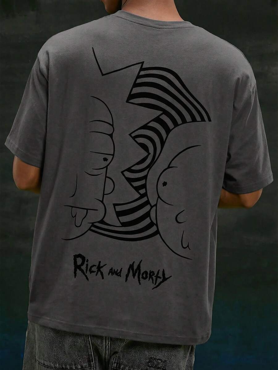 Rick and Morty X SHEIN Men Casual Loose Knit Figure Line Art Print Short Sleeve T-Shirt - Dark Grey - View 1