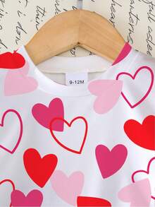 2件套女婴可爱甜美多色爱心图案白色上衣搭配粉色拼接喇叭裤，适合日常休闲穿着，白色T恤套装 - 彩色 - 查看 3