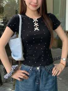 DAZY 女士休闲波点印花蝴蝶结装饰短袖T恤，夏季 - 黑色 - 查看 4