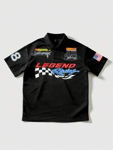 ROMWE MEN Prep 2026春夏男士休闲时尚Polo衫，翻领上衣，时尚运动短袖，春夏男士穿搭，情侣款 - 黑色 - 查看 1