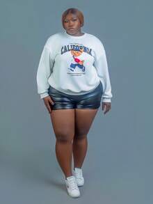 CurvyTilda Plus High Waist Roll Up Hem PU Leather Shorts - Black - View 1