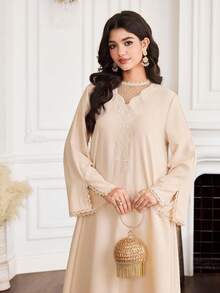 Yasmyna Al-Adha Women's Champagne Beige Embroidered Modest Maxi Dress,Long Sleeve Kaftan Style A-Line Dress With Sheer Polka Dot Mesh Yoke & Side Slit - Khaki - View 6