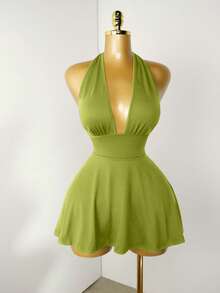 Mistrie Black Tight-Fitting Romper With Deep V-Neck, Backless Strap - Green - View 1