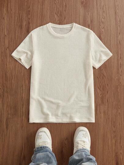 SWAVVY Camiseta de manga corta de tela de gofre de unicolor simple para uso casual y diario, verano