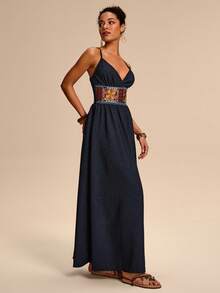 Eryvara 女士牛仔效果腰部拼接宽织带后背抽绳设计蓝色吊带连衣裙 - 藍色 - 查看 5