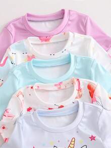 SHEIN 【2件套】女童独角兽卡通印花短袖短裤针织贴身睡衣家居服套装 - 彩色 - 查看 5